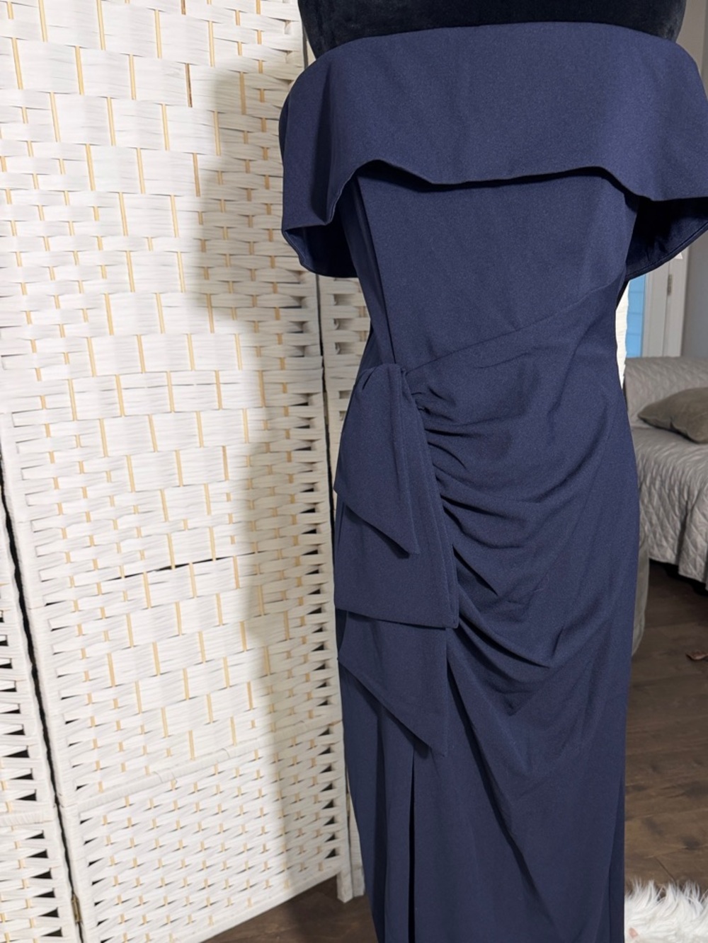 Xscape Strapless Navy Fold-Over Evening Gown